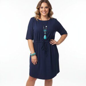 Jones New York Navy Textured Midi Dress XXL 100% Cotton Drawstring Waist